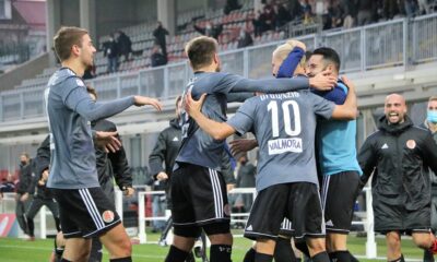 I giocatori dell'Alessandria festeggiano dopo il gol su rigore di Eusepi contro il Livorno, match valevole per la nona giornata di Serie C 2020/21